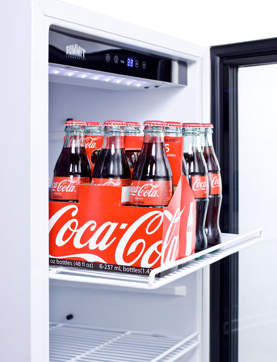 9 cu.ft. commercial glass door beverage merchandiser designed for the display and refrigeration of beverages and sealed food, with digital controls, LED lighting, full interior display, and a white cabinet